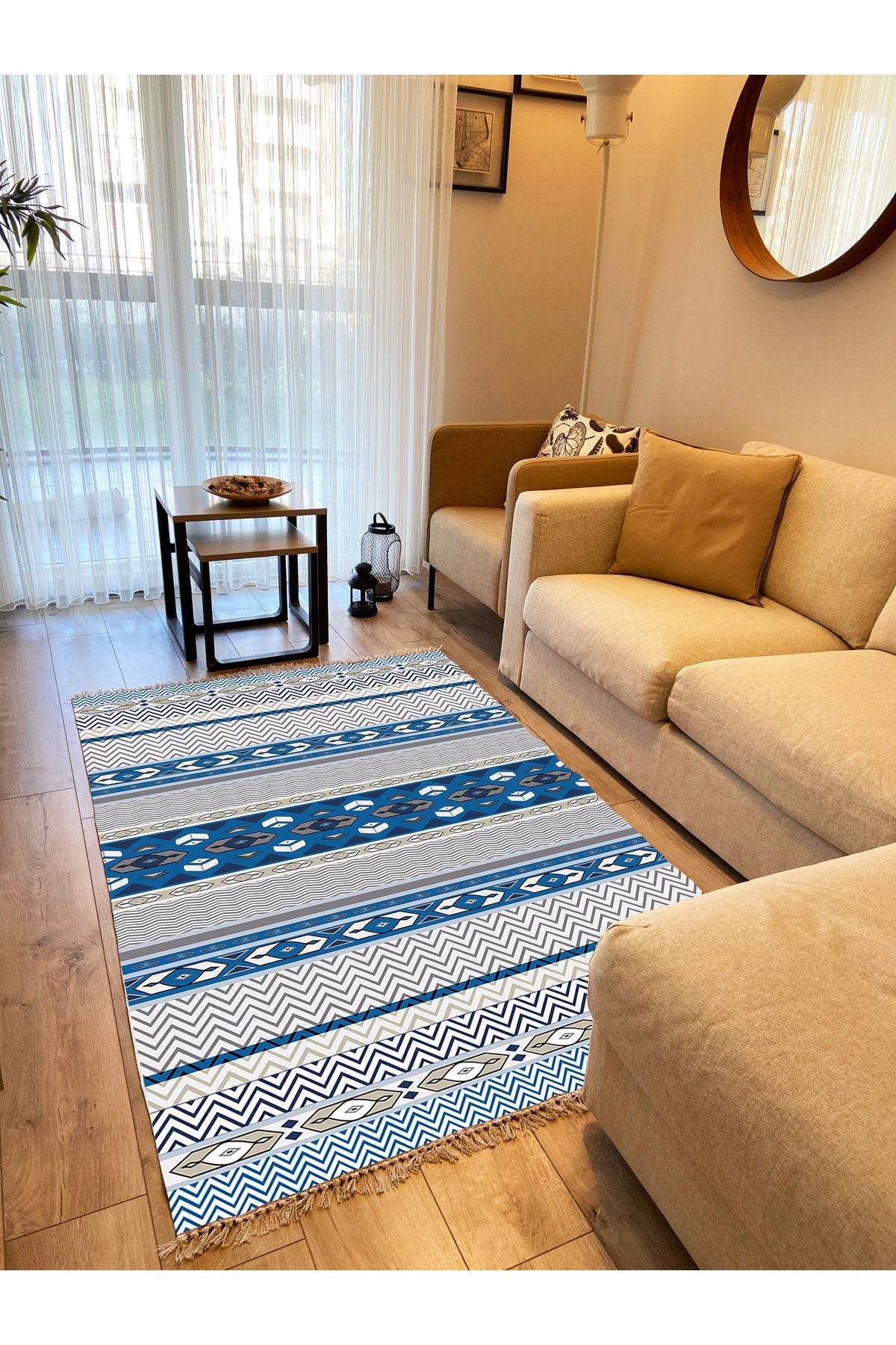 Cotton Kilim 78 Mavi ve beyaz Tonlarında Etnik Bohem Stil Pamuk Taban