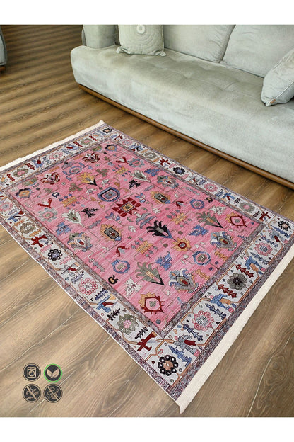 Halı Vagonu71 Fuşya Tonlarında Dekoratif Salon Halısı Klasik Halı Saçaklı Yıkanabilen Halı