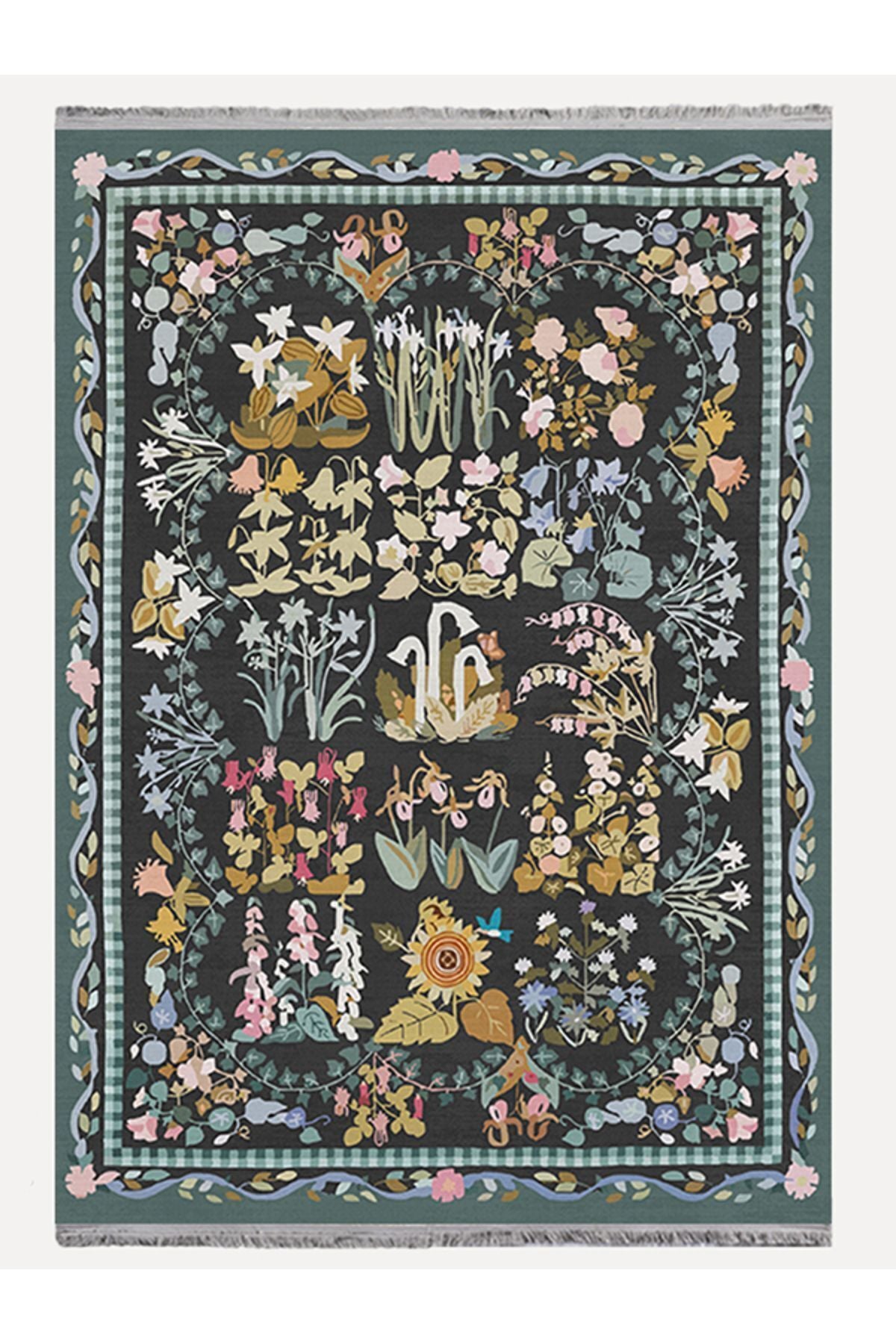 HV  2188 Yeşil Çiçek Temalı Geleneksel Motifli Etnik Desenli Yıkanabilen Saçaklı Dekoratif Halı