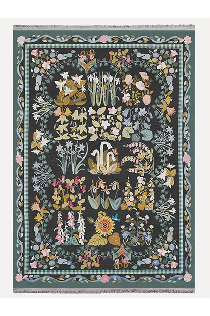 HV  2188 Yeşil Çiçek Temalı Geleneksel Motifli Etnik Desenli Yıkanabilen Saçaklı Dekoratif Halı