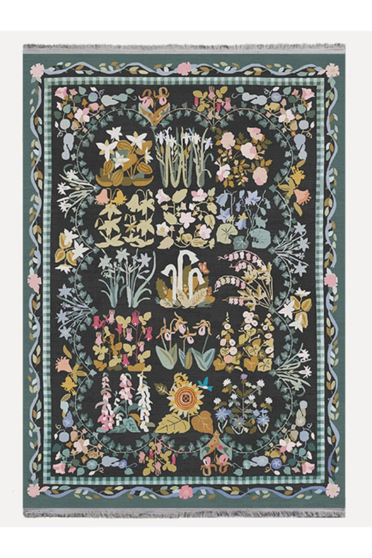 HV  2188 Yeşil Çiçek Temalı Geleneksel Motifli Etnik Desenli Yıkanabilen Saçaklı Dekoratif Halı