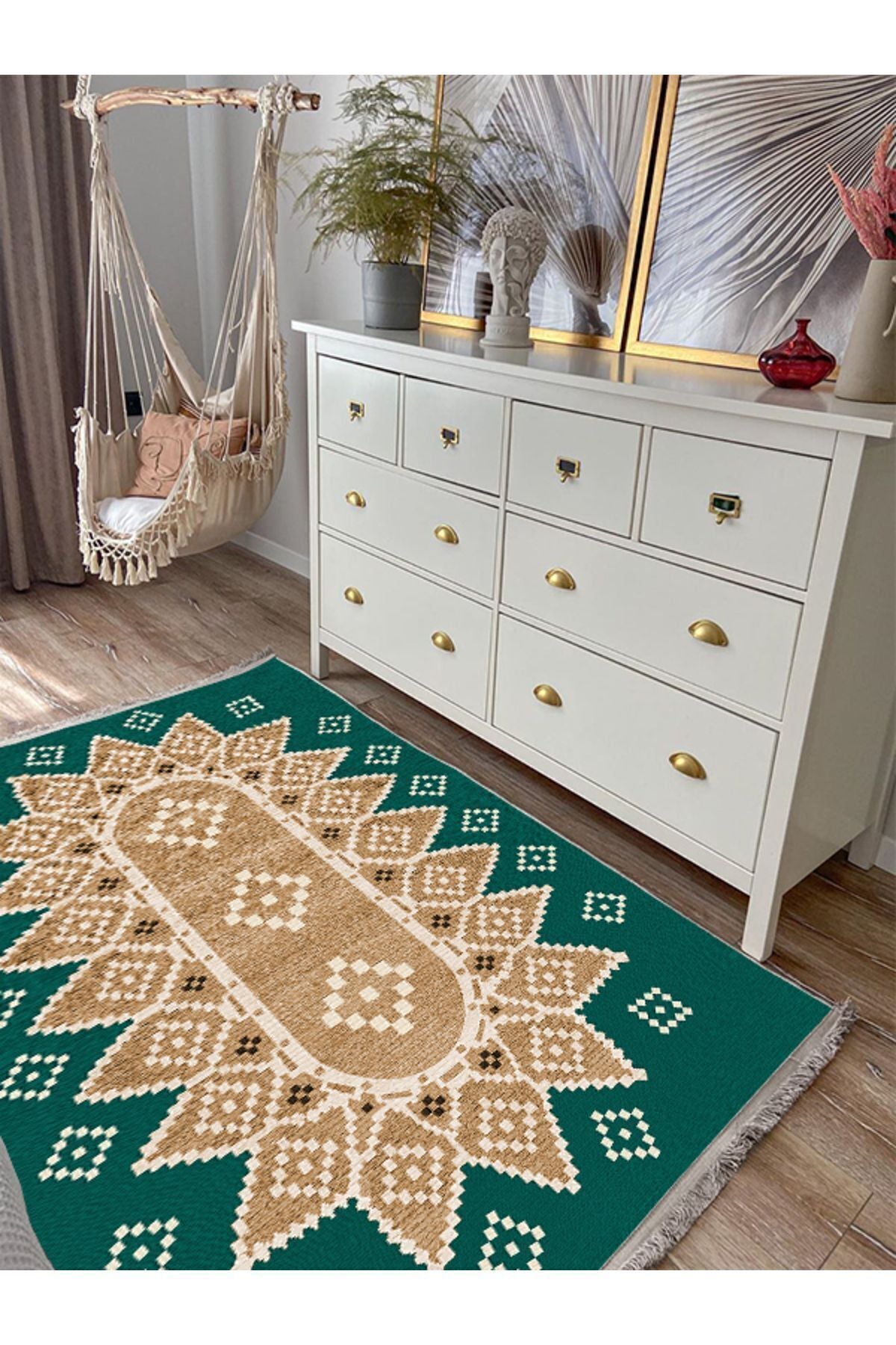 Halı Vagonu106 Yeşil Tonlarında Klasık Dekoratif Salon Halısı Saçaklı Yıkanabilen Halı