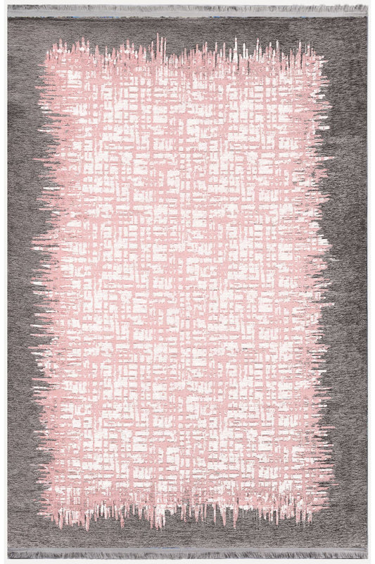 Halı Vagonu Serisi Pembe Tonlarında Çerçeveli Etnik Desen Kaymaz Taban Şönil Halı