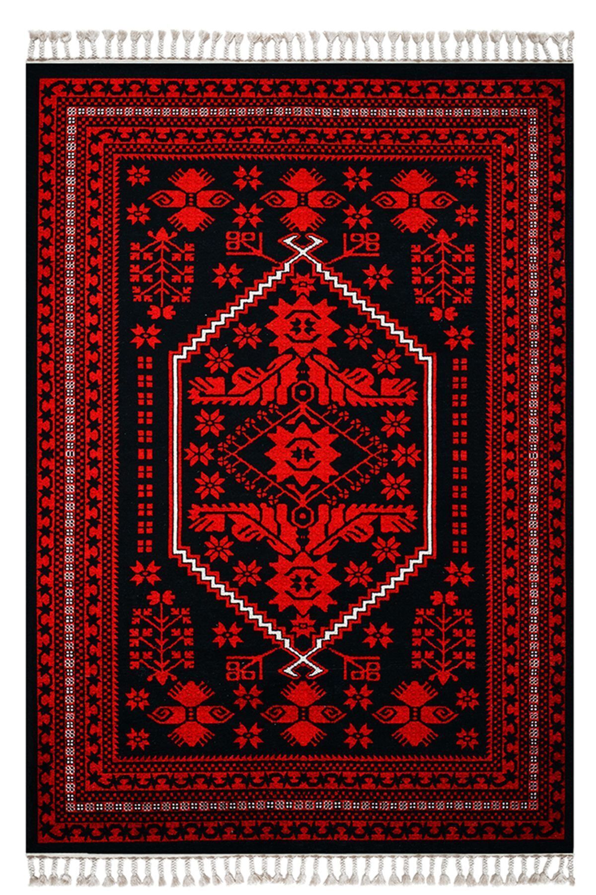 Halı Vagonu 2009 Kırmızı Siyah Bordürlü Etnik Vintage Görünüm Dokuma Taban Halı