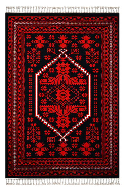 Halı Vagonu 2009 Kırmızı Siyah Bordürlü Etnik Vintage Görünüm Dokuma Taban Halı