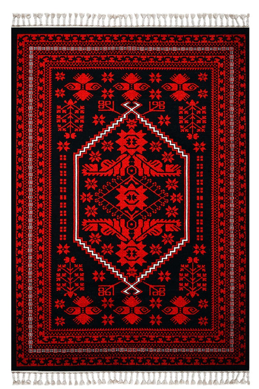 Halı Vagonu 2009 Kırmızı Siyah Bordürlü Etnik Vintage Görünüm Dokuma Taban Halı