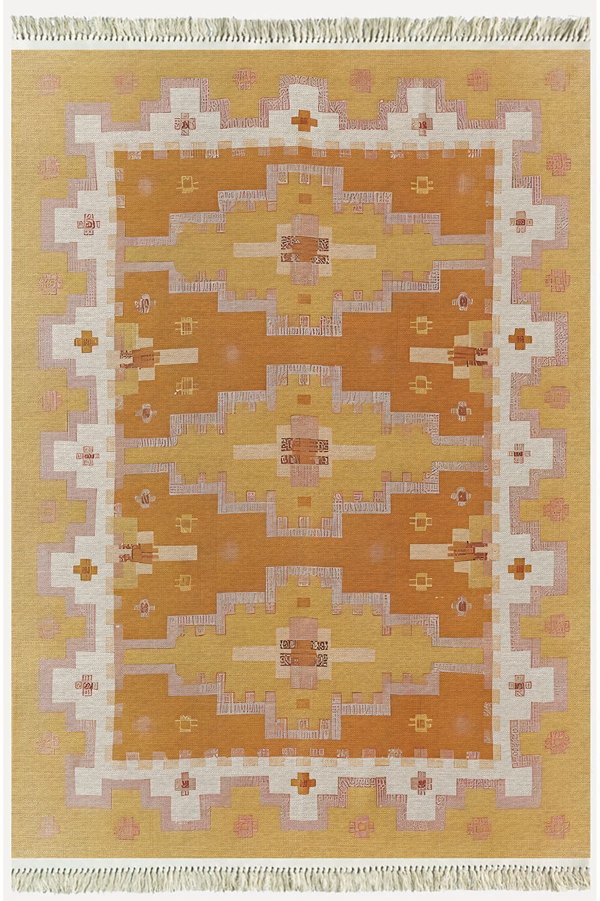 Cotton Kilim59 Jut Geleneksel Motifler Modern Dekoratif Saçaklı Yıkanabilen Dokuma Kilim