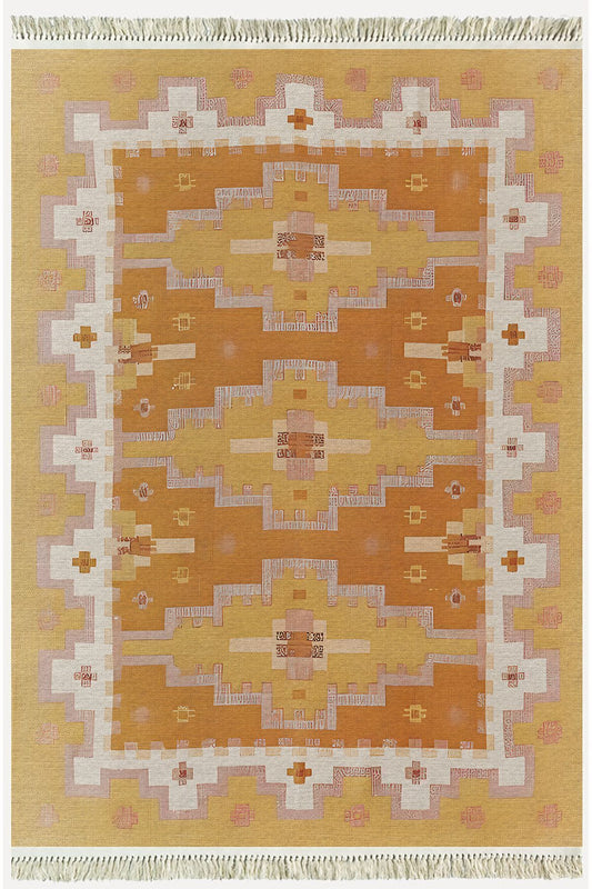 Cotton Kilim59 Jut Geleneksel Motifler Modern Dekoratif Saçaklı Yıkanabilen Dokuma Kilim