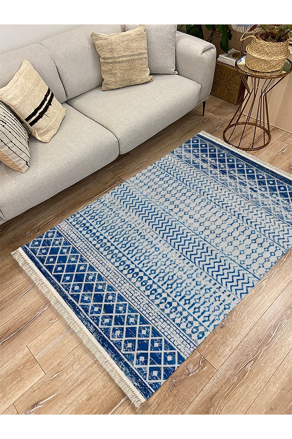Cotton Kilim 13 Mavi Zeminli Çizgili Desenli Dekoratif Yıkanabilen Dokuma Taban Kilim