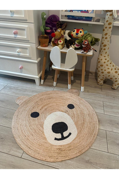 Boho 958 Sevimli Ayıcık Örgü Taban Yuvarlak Natural Çift Taraflı Çocuk ve Bebek Odası Halı