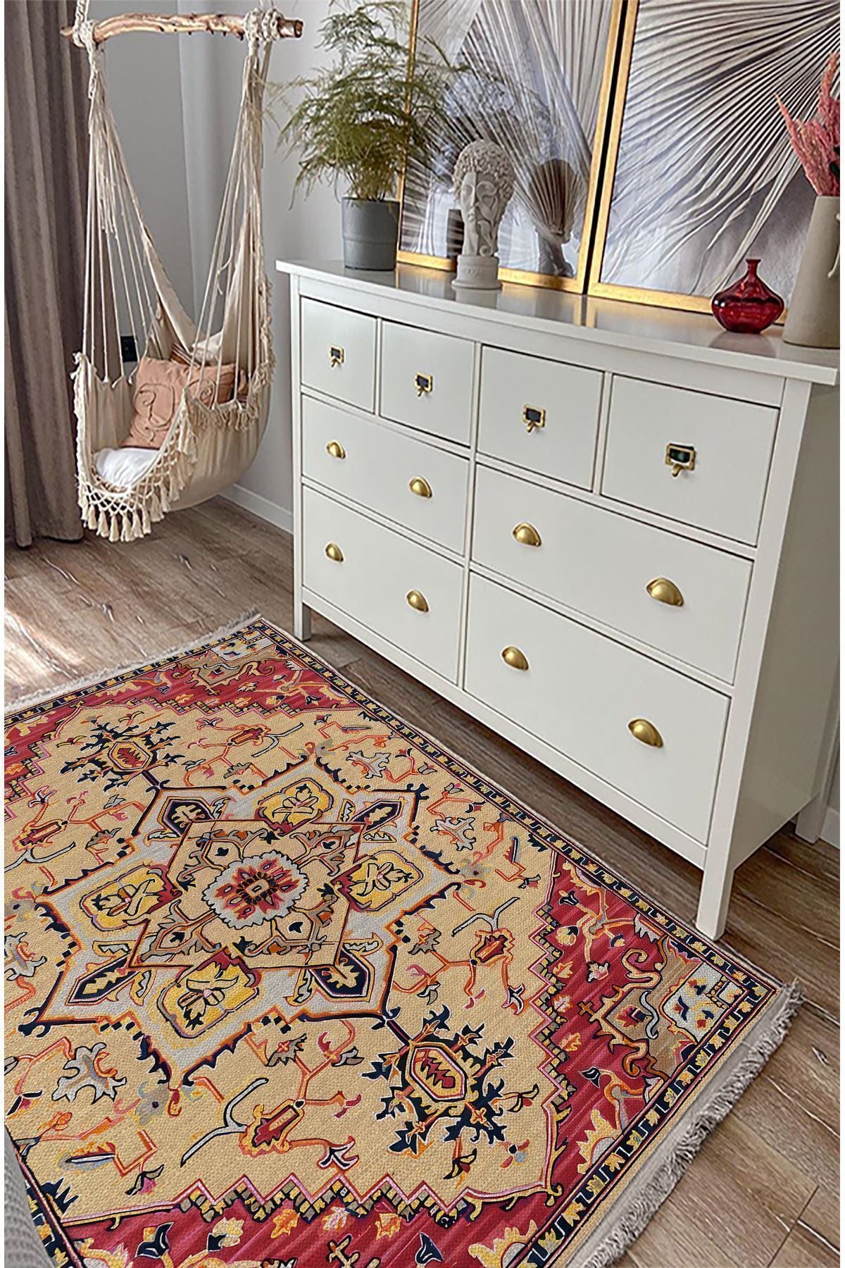 Halı Vagonu 2186 Etnik Desenli Yıkanabilir Kaymaz Tabanlı Salon Halısı, Koridor Ve Mutfak Halısı