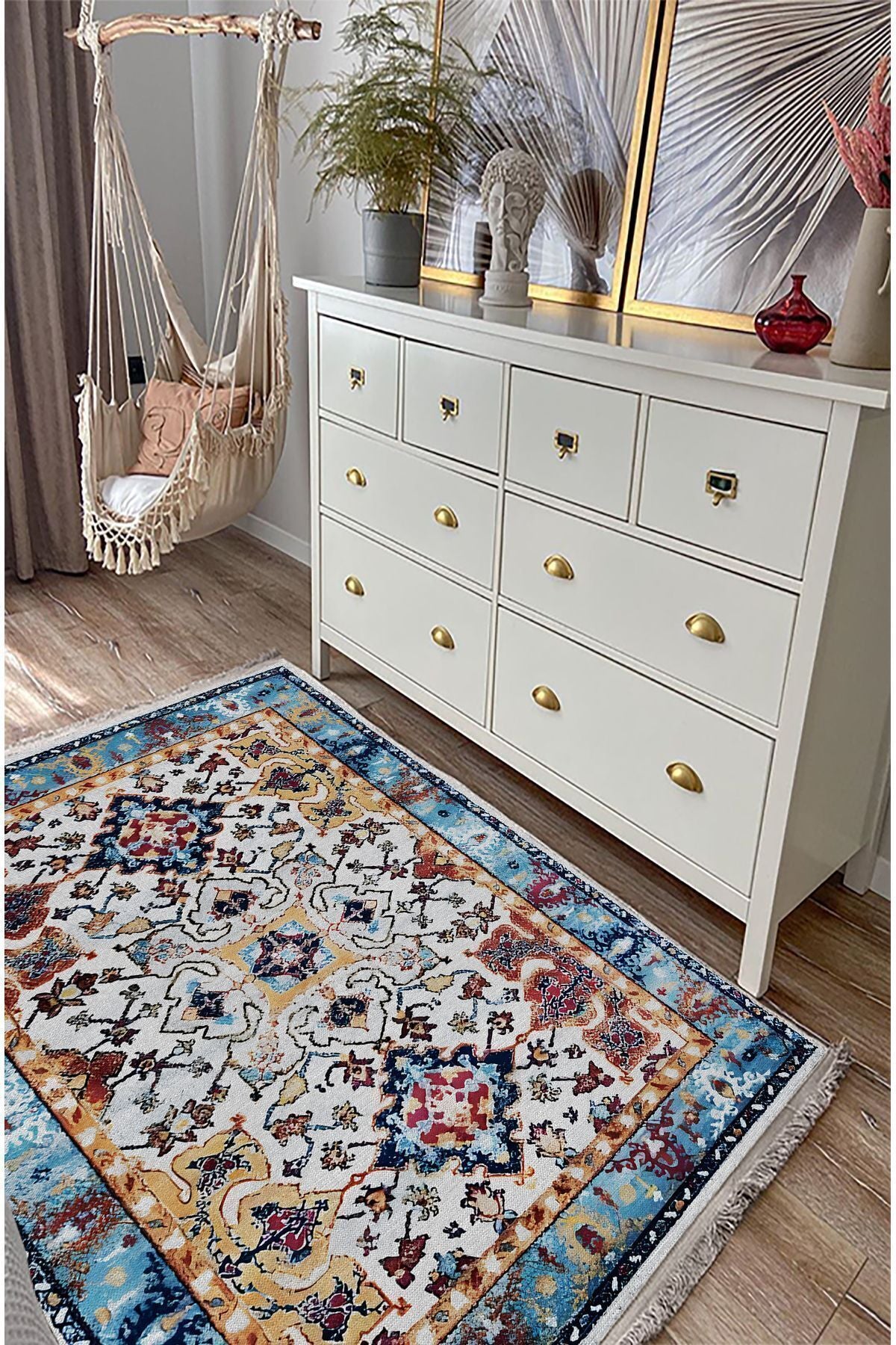 Halı Vagonu Halı 100 Mavi Tonlarında Klasık Dekoratif Halı Salon Halısı Saçaklı Yıkanabilen Halı