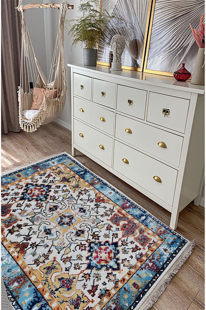 Halı Vagonu Halı 100 Mavi Tonlarında Klasık Dekoratif Halı Salon Halısı Saçaklı Yıkanabilen Halı