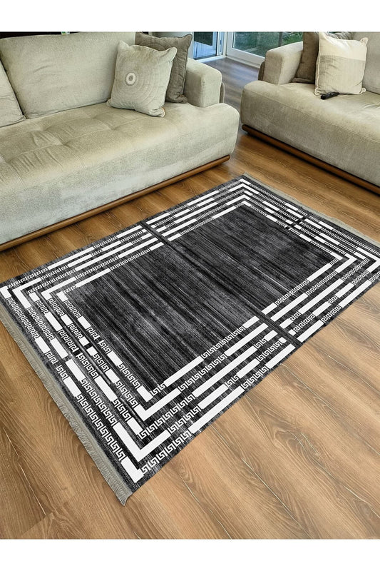 Halı Vagonu Serisi Koyu Gri Ve Krem Tonlarında Çizgili Etnik Desen Kaymaz Taban Şönil Halı