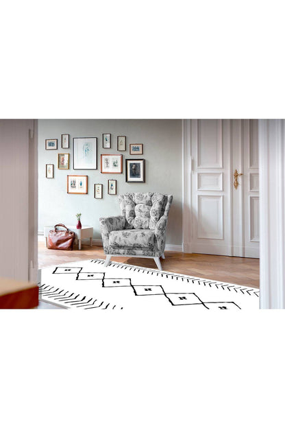 Cotton Serisi Beyaz Siyah Naturel Orta Çağ Desen Dekoratif Dokuma Taban Kilim