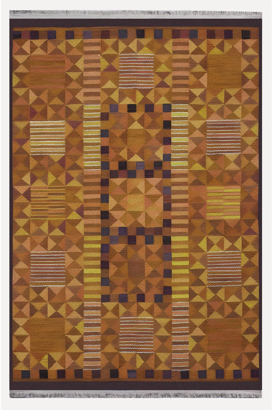 Halı Vagonu120 Etnik Otantik Hardal Tonlartında Dekoratif Salon Halısı Saçaklı Yıkanabilen Halı