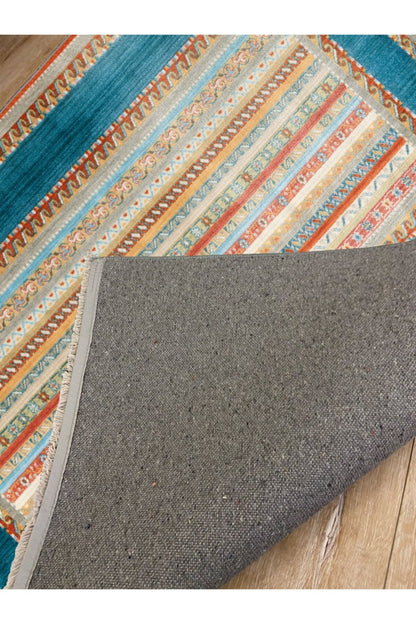 Halı Vagonu 2017 Mavi Tonunda Geometrik Desen Kaymaz Taban Dekoratif Halı