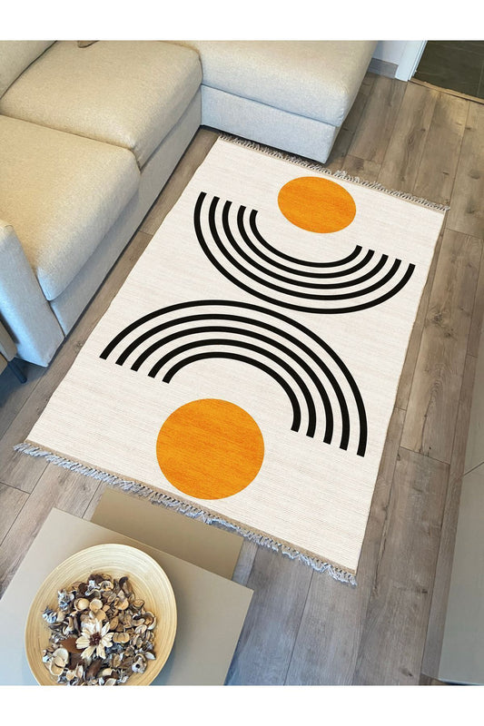 Cotton kilim Krem Tonunda Geometrik Desenli Dekoratif Yıkanabilen Dokuma Taban Kilim