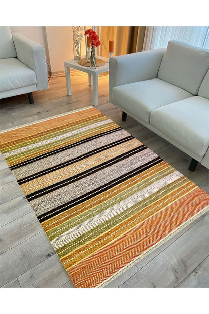 Cotton Serisi Hasır Görünümlü Yeşil Ve Hardal Tonlarında Etnik Desenli Dekoratif Dokuma Taban Kilim
