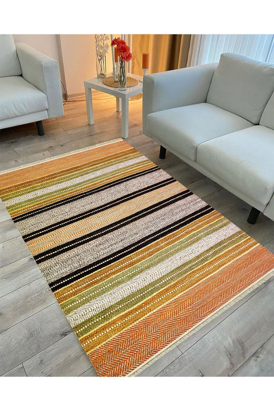 Cotton Serisi Hasır Görünümlü Yeşil Ve Hardal Tonlarında Etnik Desenli Dekoratif Dokuma Taban Kilim