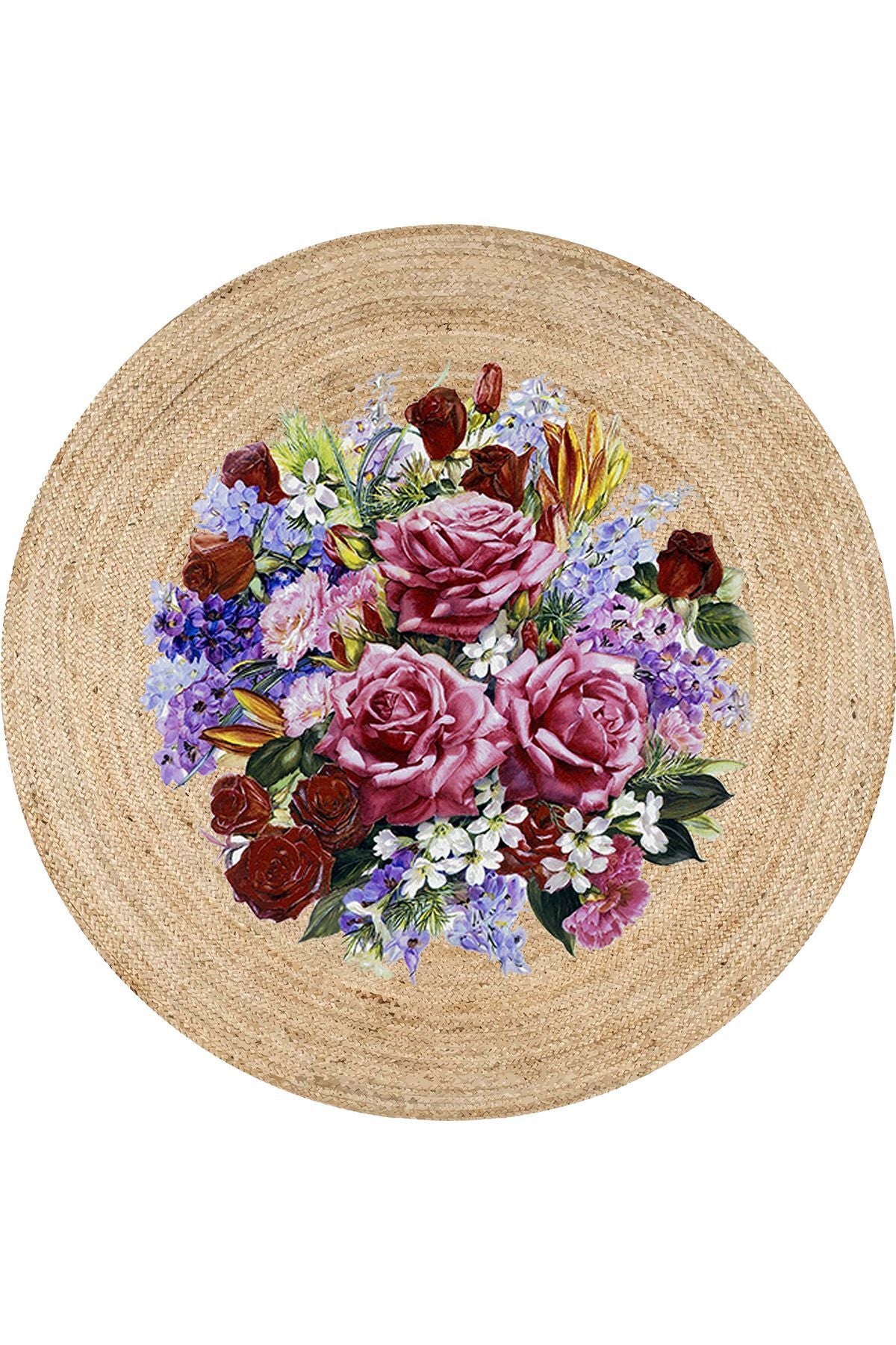 Boho 919 Jüt Doğa Iplik Ile Üretilmiş Çiçek Desenli Yuvarlak Natural Renk Çift Taraflı Halı
