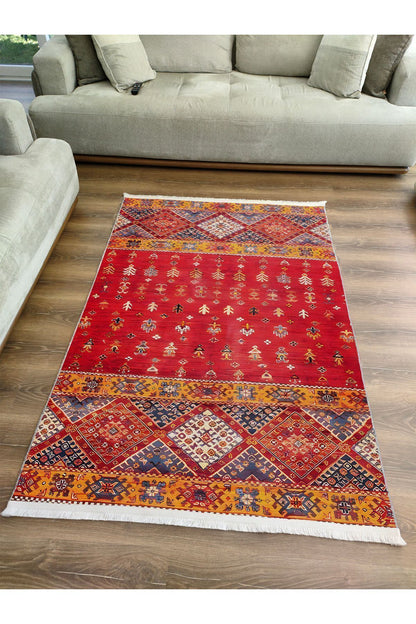 Halı Vagonu110ı Etnik Anadolu Halısı Dekoratif Salon Halısı Saçaklı Yıkanabilen Halı