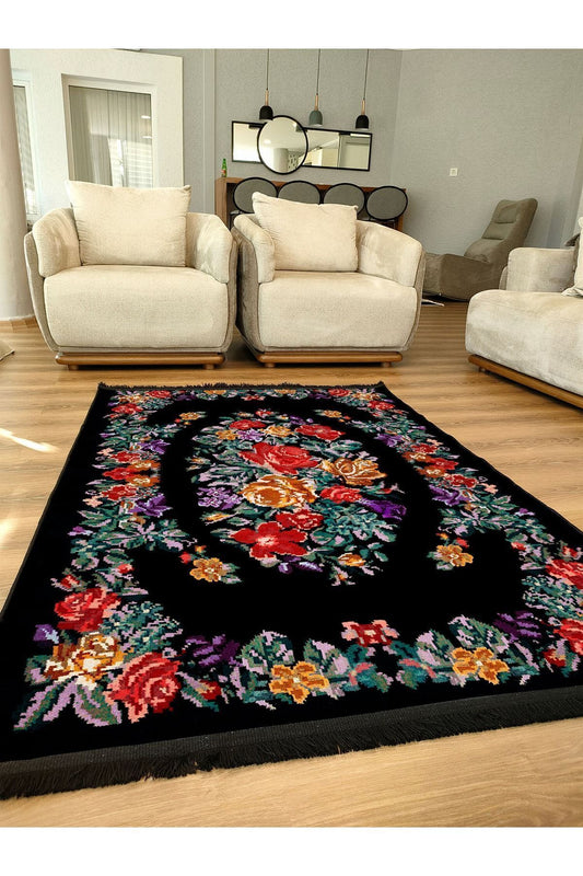 Halı Vagonu Serisi Siyah Ve Multy Tonlarda Çiçekli Desen Kaymaz Taban Şönil Halı