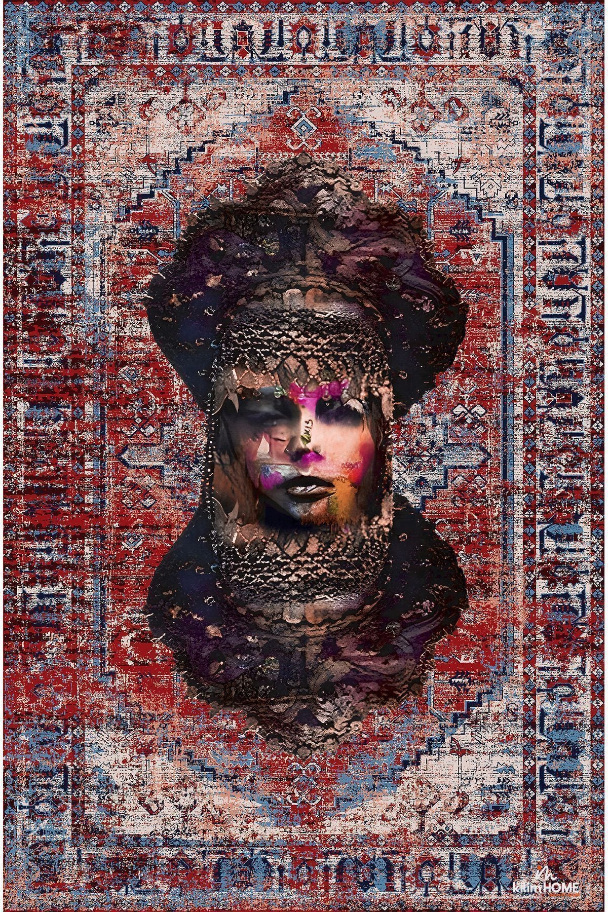 HV 126 Etnik Anadolu Halı Üzerine Kadın Suratı Dekoratif Salon Halısı Saçaklı Yıkanabilen Halı