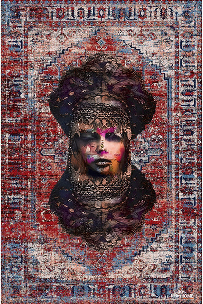 HV 126 Etnik Anadolu Halı Üzerine Kadın Suratı Dekoratif Salon Halısı Saçaklı Yıkanabilen Halı