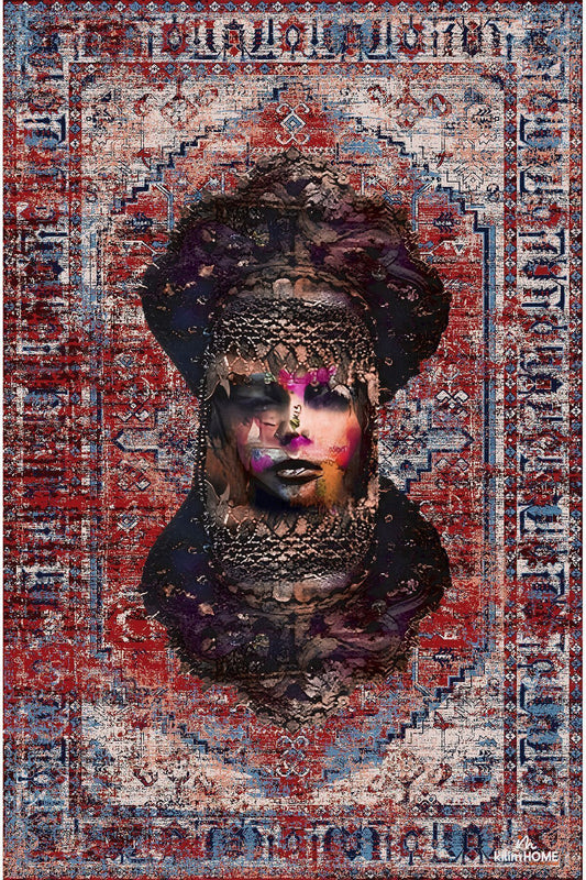 HV 126 Etnik Anadolu Halı Üzerine Kadın Suratı Dekoratif Salon Halısı Saçaklı Yıkanabilen Halı