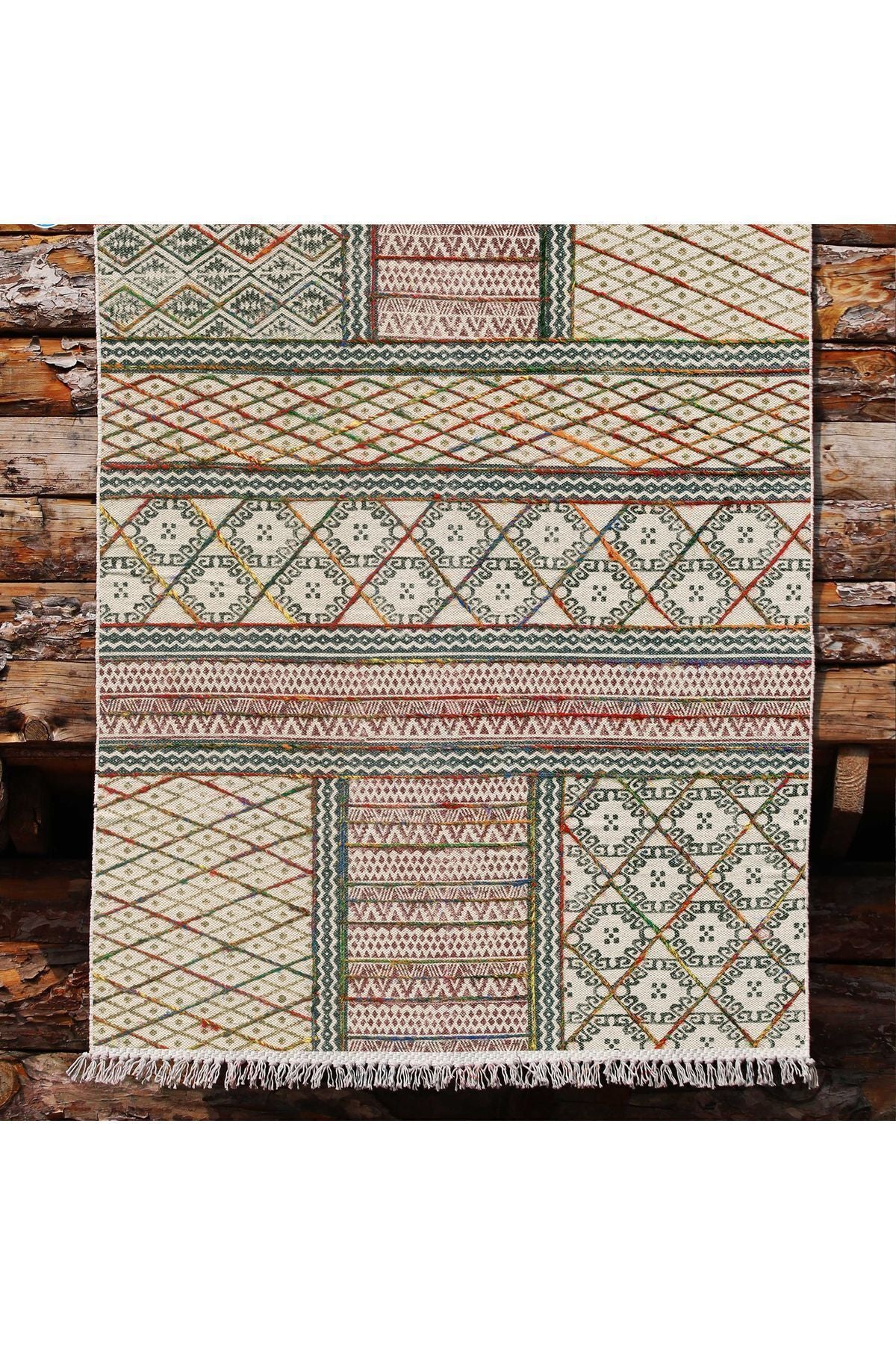 Cotton Kilim 29 Çok Renkli Geleneksel Motif Çizgili Desenli Dekoratif Yıkanabilen Dokuma Taban Kilim