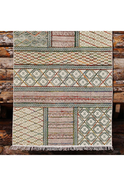 Cotton Kilim 29 Çok Renkli Geleneksel Motif Çizgili Desenli Dekoratif Yıkanabilen Dokuma Taban Kilim