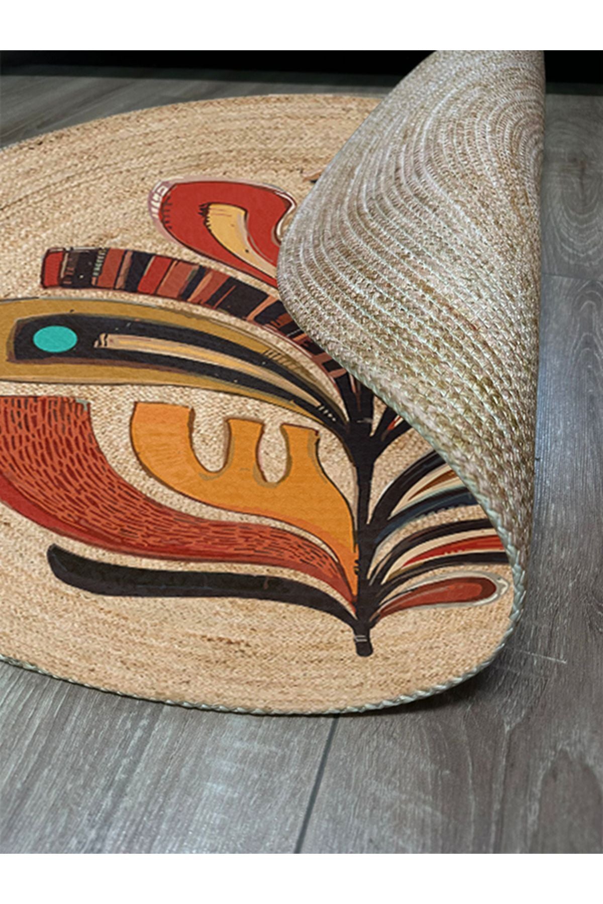 Boho 953 Multy Yaprak Desenli Jüt Rengi Örgü Yuvarlak Natural Çift Taraflı Halı