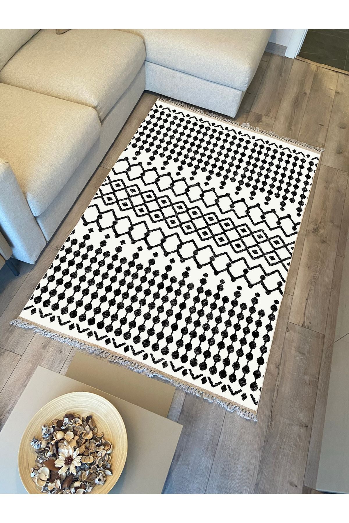 Cotton Kilim 65 Siyah Iskandinav Motifler Modern Dekoratif Saçaklı Yıkanabilen Dokuma Kilim