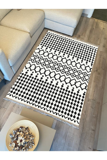 Cotton Kilim 65 Siyah Iskandinav Motifler Modern Dekoratif Saçaklı Yıkanabilen Dokuma Kilim