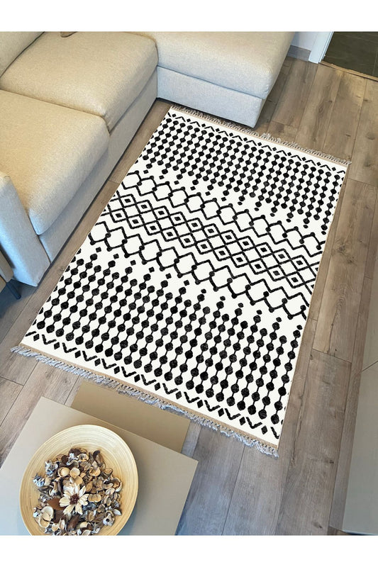 Cotton Kilim 65 Siyah Iskandinav Motifler Modern Dekoratif Saçaklı Yıkanabilen Dokuma Kilim