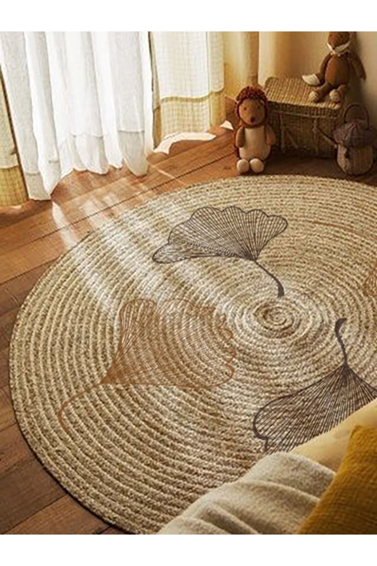 Boho 907 Floral Desenli Örgü Yuvarlak Natural Çift Taraflı Halı, jüt örgü ile şık bir görünüm sunarak sürdürülebilir yaşam alanları için ideal.
