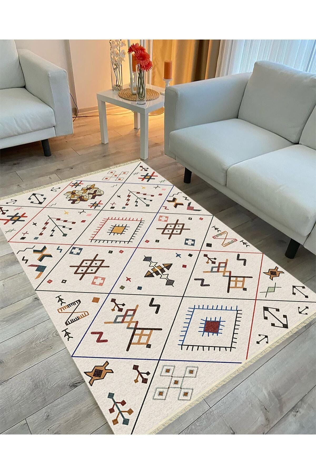 Cotton Serisi Krem Tonlarında Geometrik Desenli Dekoratif Dokuma Taban Kilim