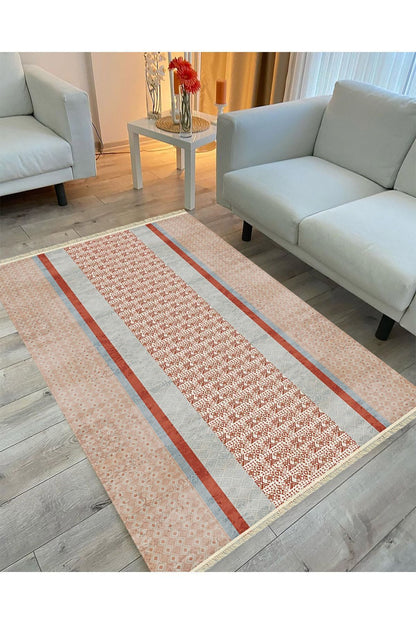 Cotton Serisi Kahve Tonlarında Eskitme Etnik Çizgi Desenli Dekoratif Dokuma Taban Kilim