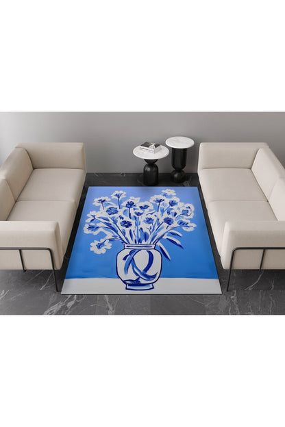 Halı Vagonu 159 Mavi Vazoda Çiçekler Yağlı Boya Stili Dokuma Taban Halı