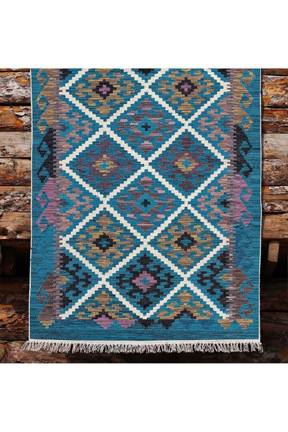 Cotton Kilim 60 Mavi Geleneksel Motifler Modern Dekoratif Saçaklı Yıkanabilen Dokuma Kilim