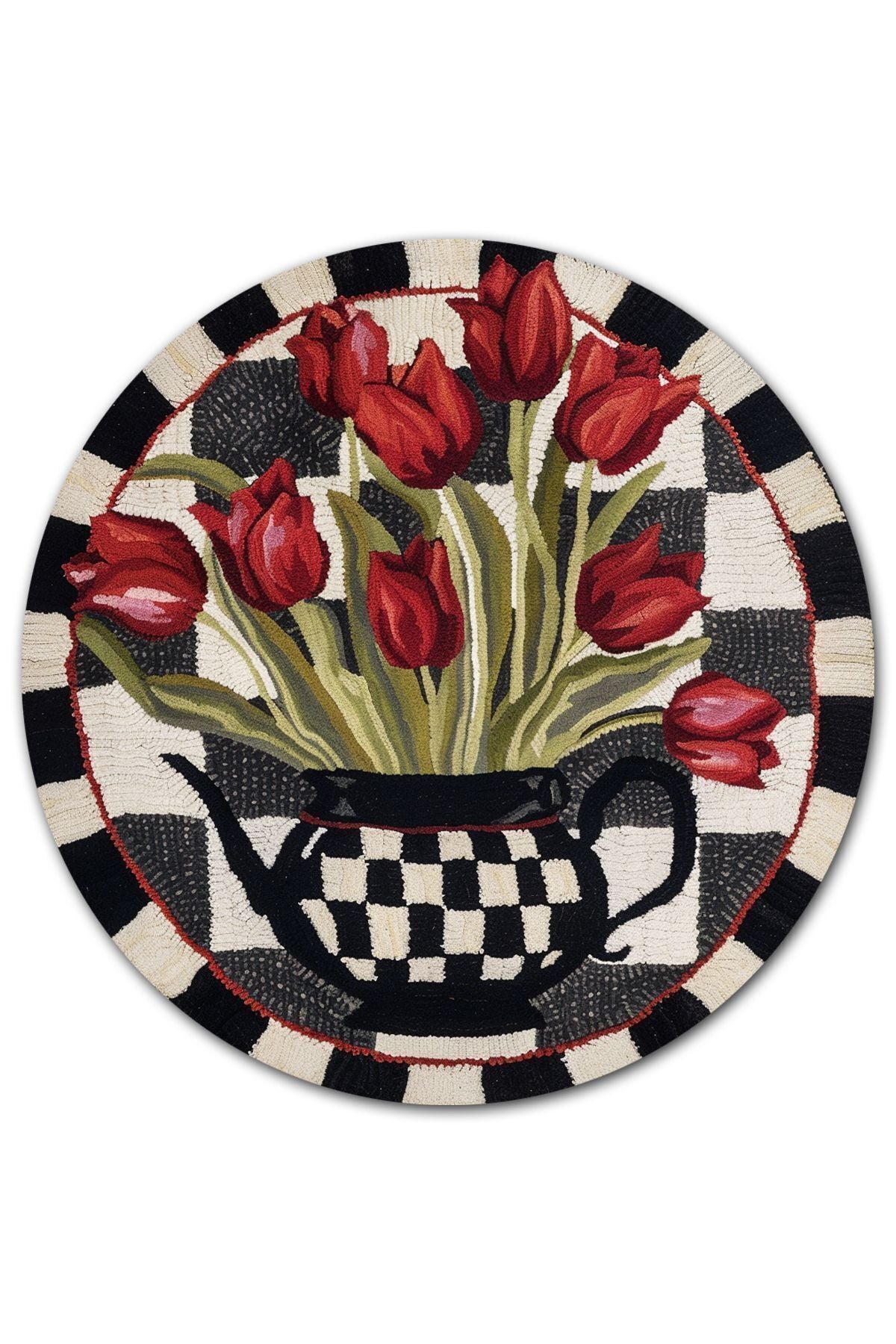 Halı Vagonu 175 Kırmızı Laleler ve Dama Desenli Dokuma Taban Yuvarlak Halı