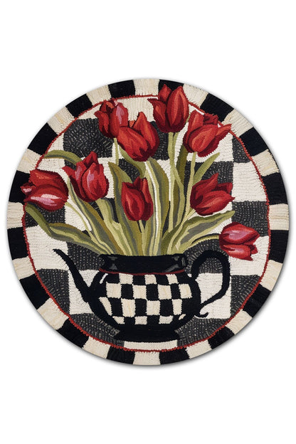 Halı Vagonu 175 Kırmızı Laleler ve Dama Desenli Dokuma Taban Yuvarlak Halı