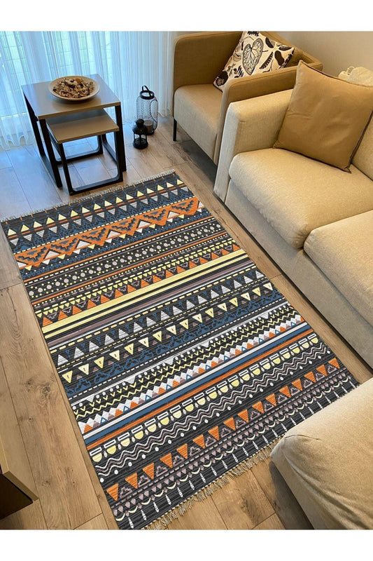 Cotton Kilim 24 Çok Renkli Geleneksel Motif Çizgili Desenli Dekoratif Yıkanabilen Dokuma Taban Kilim - HALI VAGONU