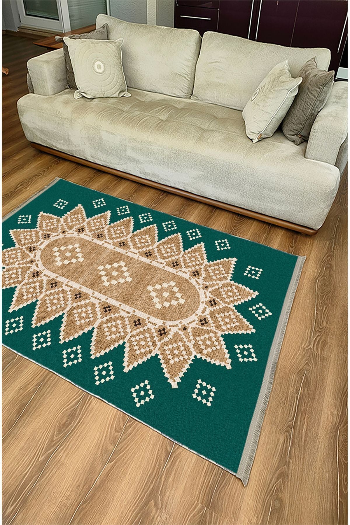 Halı Vagonu106 Yeşil Tonlarında Klasık Dekoratif Salon Halısı Saçaklı Yıkanabilen Halı