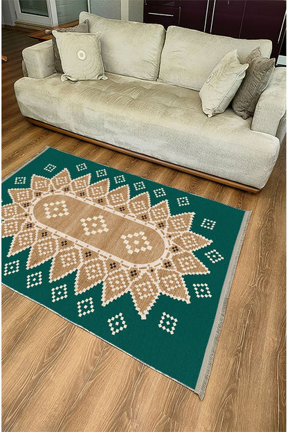 Halı Vagonu106 Yeşil Tonlarında Klasık Dekoratif Salon Halısı Saçaklı Yıkanabilen Halı