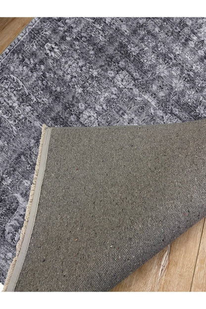 Halı Vagonu 2025 Gri Tonunda Bordürlü Klasik Desen Kaymaz Taban Dekoratif Halı