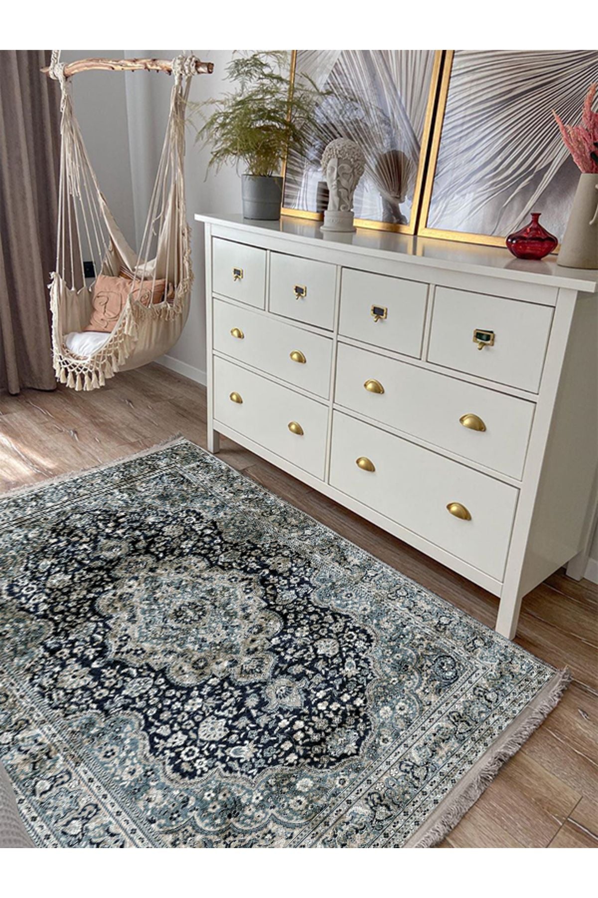 Halı Vagonu 2050 Haki Tonlarında Etnik Eskitme Pamuk  Dokuma Taban Halı