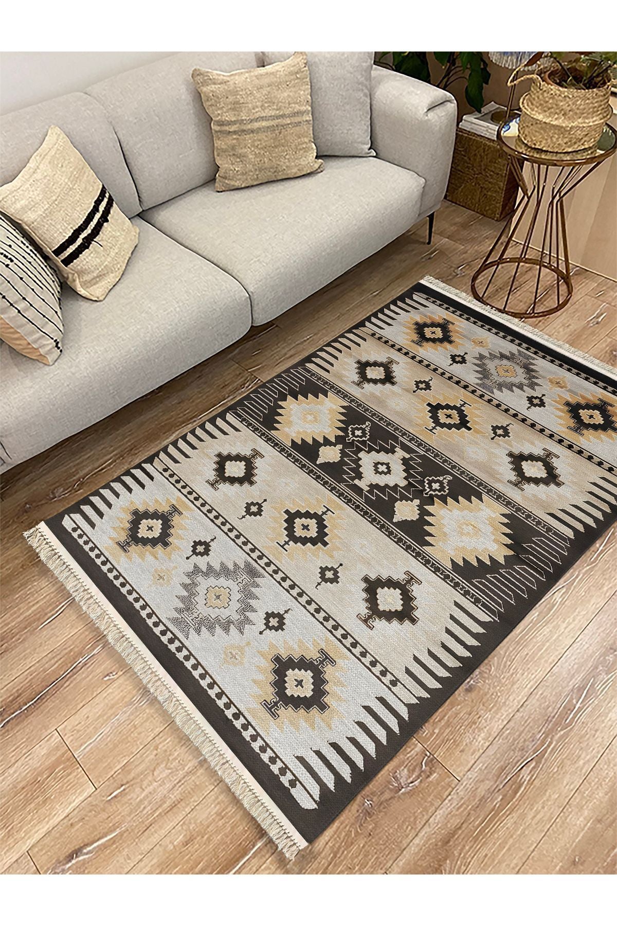 Cotton Kilim 17 Kahve Zeminli Çizgili Desenli Dekoratif Yıkanabilen Dokuma Taban Kilim
