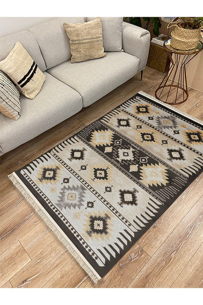 Cotton Kilim 17 Kahve Zeminli Çizgili Desenli Dekoratif Yıkanabilen Dokuma Taban Kilim